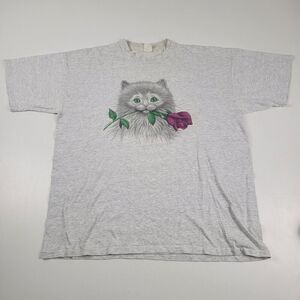Vintage Cat Shirt‎ Mens Large White Kitten 90s T Tee Distressed S/S